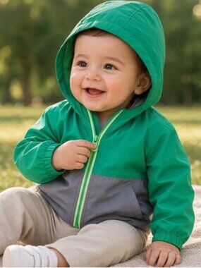 CHEROKEE Green and Gray Flannel Lined Hooded Nylon Wind Jacket Boys 12 months